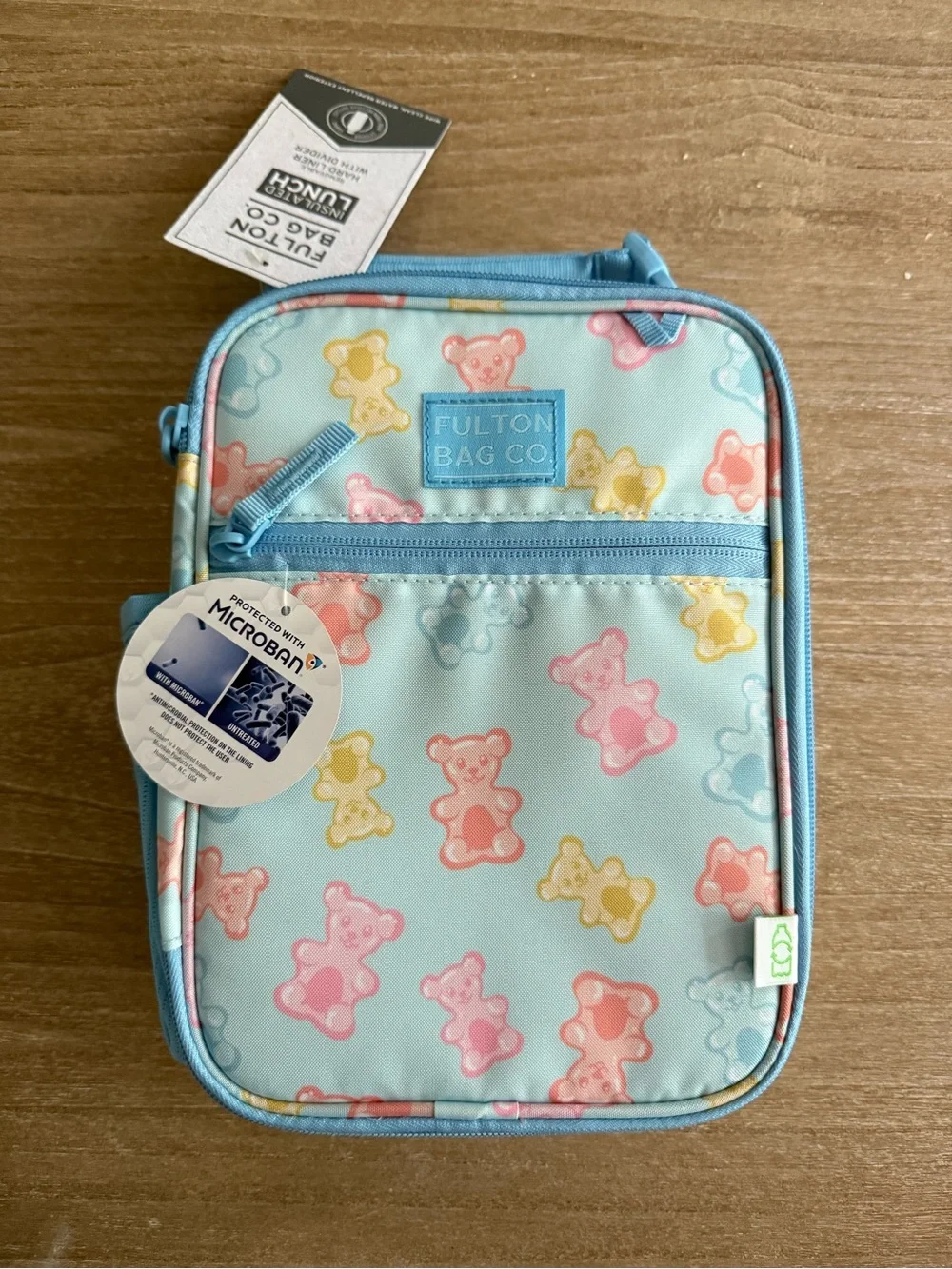 Fulton Bag Co. Upright Zippered Lunch Bag Kid Light blue pastel Gummy bears NEW